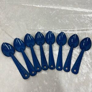 Camping cooking spoons set of 8 Blue White Speckled Sierra Cinsa Enamelware